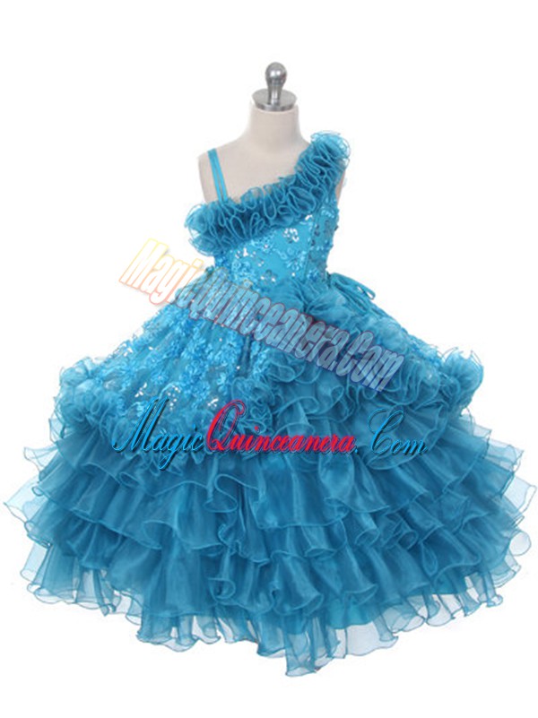 triumph Teal Organza Lace Up Asymmetric Sleeveless Floor Length Evening Gowns Lace and Ruffles and Ruffled Layers
