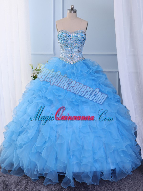 triumph Glittering Ball Gowns Quinceanera Gowns Baby Blue Sweetheart Organza Sleeveless Floor Length Lace Up