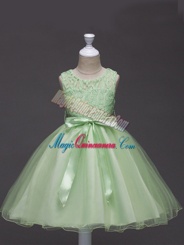 triumph Sleeveless Tulle Knee Length Zipper Pageant Dress Wholesale in Yellow Green with Lace and Belt