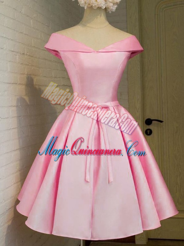 triumph Excellent Pink Taffeta Lace Up Off The Shoulder Cap Sleeves Knee Length Vestidos de Damas Belt