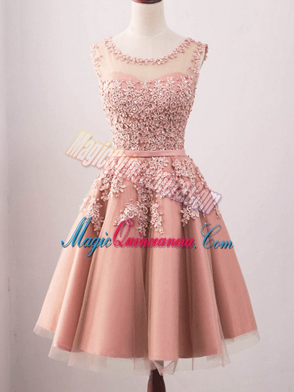triumph Trendy Knee Length Lace Up Quinceanera Dama Dress Pink for Prom and Party and Wedding Party with Lace
