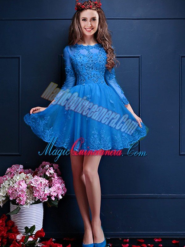 triumph Teal 3 4 Length Sleeve Mini Length Beading and Lace and Appliques Lace Up Vestidos de Damas