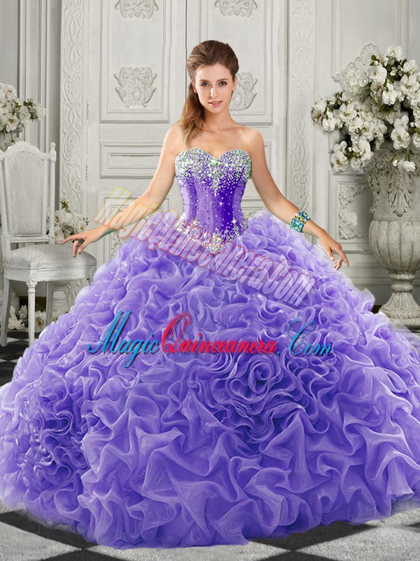 triumph Edgy Lavender Ball Gowns Sweetheart Sleeveless Organza Court Train Lace Up Beading and Ruffles Quinceanera Gowns