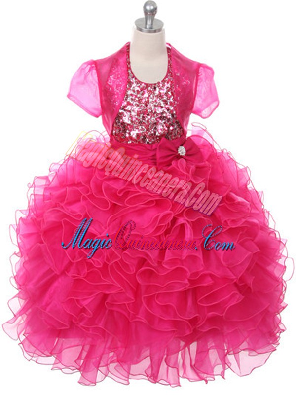 triumph Organza Sleeveless Floor Length Kids Pageant Dress and Ruffles and Sequins and Bowknot