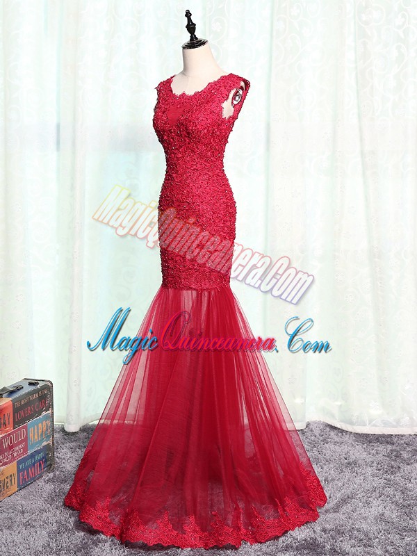 triumph Red Tulle Zipper Mother Of The Bride Dress Sleeveless Floor Length Lace and Appliques