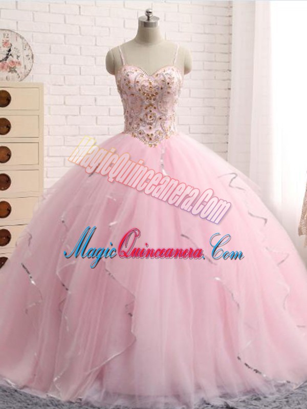triumph Discount Baby Pink Ball Gowns Beading and Ruffles Sweet 16 Quinceanera Dress Lace Up Tulle Sleeveless