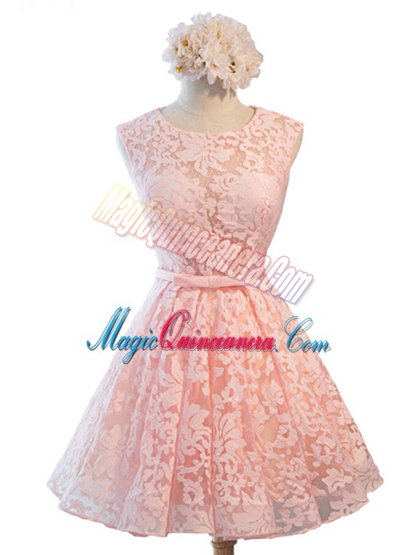 triumph Pink A-line Scoop Sleeveless Lace Knee Length Lace Up Belt Quinceanera Court of Honor Dress