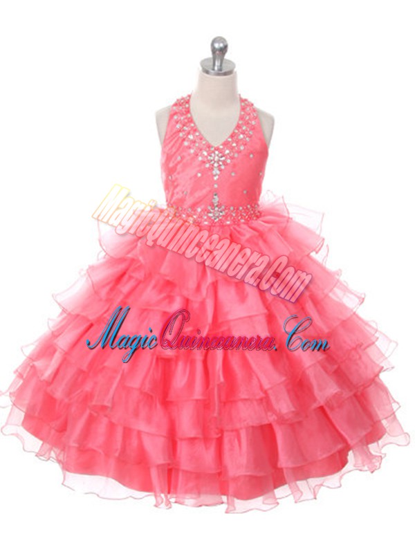 triumph Adorable Beading and Ruffled Layers Pageant Dress Womens Coral Red Lace Up Sleeveless Floor Length