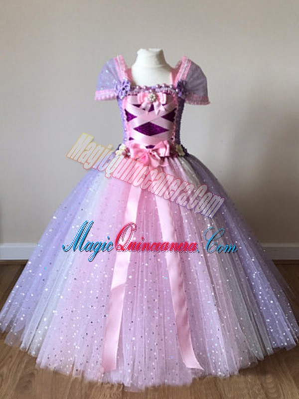 triumph Custom Fit Multi-color Ball Gowns Tulle Off The Shoulder Cap Sleeves Sequins and Bowknot Floor Length Side Zipper Child Pageant Dress