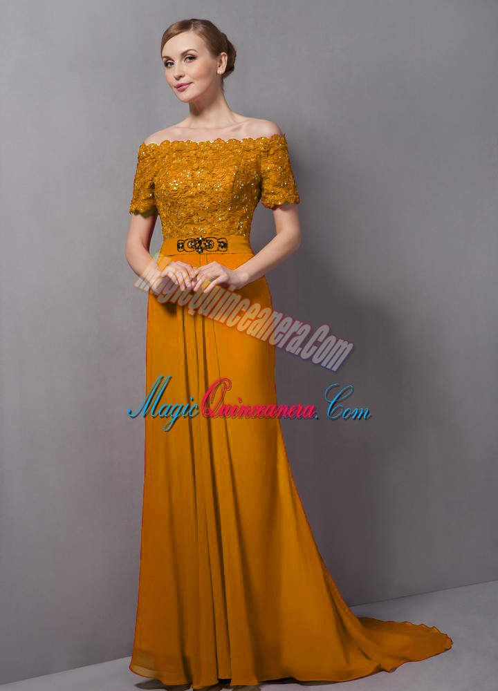 triumph Graceful Gold Short Sleeves Chiffon Sweep Train Zipper Mother Dresses for Prom and Party