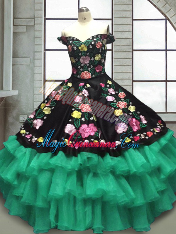 triumph Adorable Organza and Taffeta Off The Shoulder Sleeveless Lace Up Embroidery and Ruffled Layers Sweet 16 Dress in Multi-color