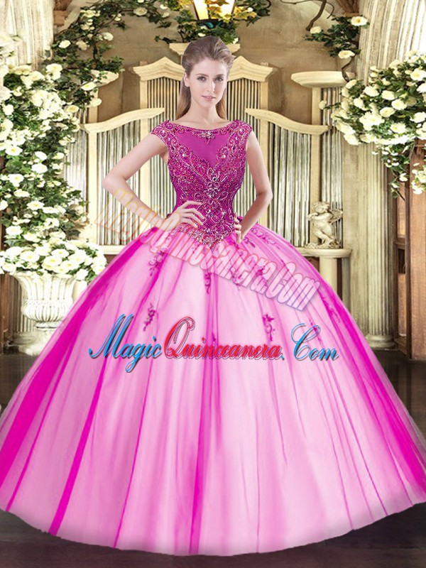 triumph Customized Fuchsia Cap Sleeves Tulle Lace Up Sweet 16 Quinceanera Dress for Sweet 16 and Quinceanera