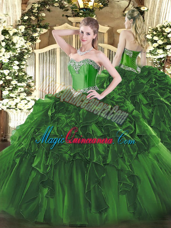 triumph Romantic Dark Green Sweetheart Lace Up Beading and Ruffles Quinceanera Dress Sleeveless