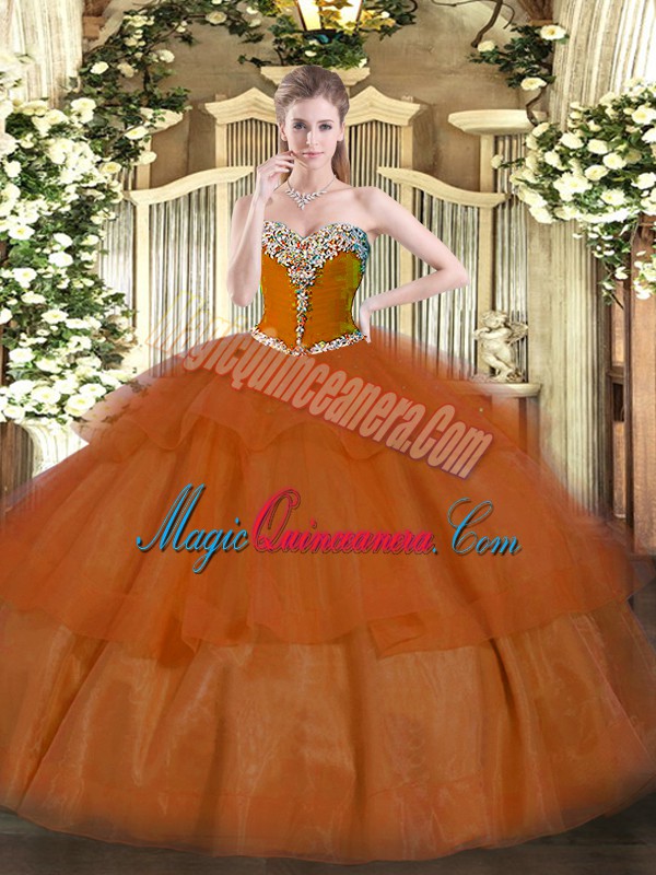 triumph Smart Rust Red Ball Gowns Sweetheart Sleeveless Tulle Floor Length Lace Up Beading and Ruffled Layers Sweet 16 Dress