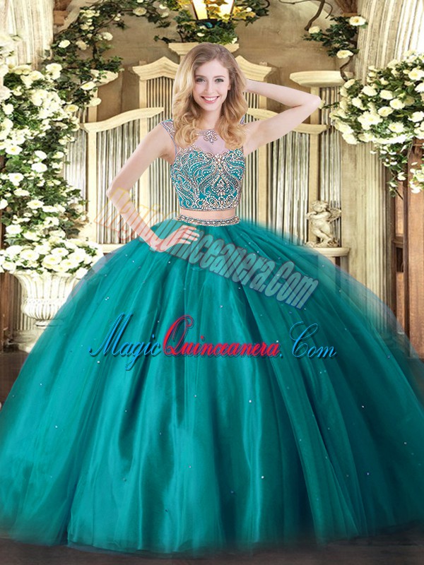 triumph Suitable Floor Length Lace Up Quinceanera Dresses Teal for Military Ball and Sweet 16 and Quinceanera with Beading