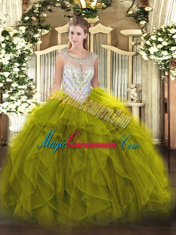 triumph Custom Design Scoop Sleeveless Quince Ball Gowns Floor Length Beading and Ruffles Olive Green Tulle