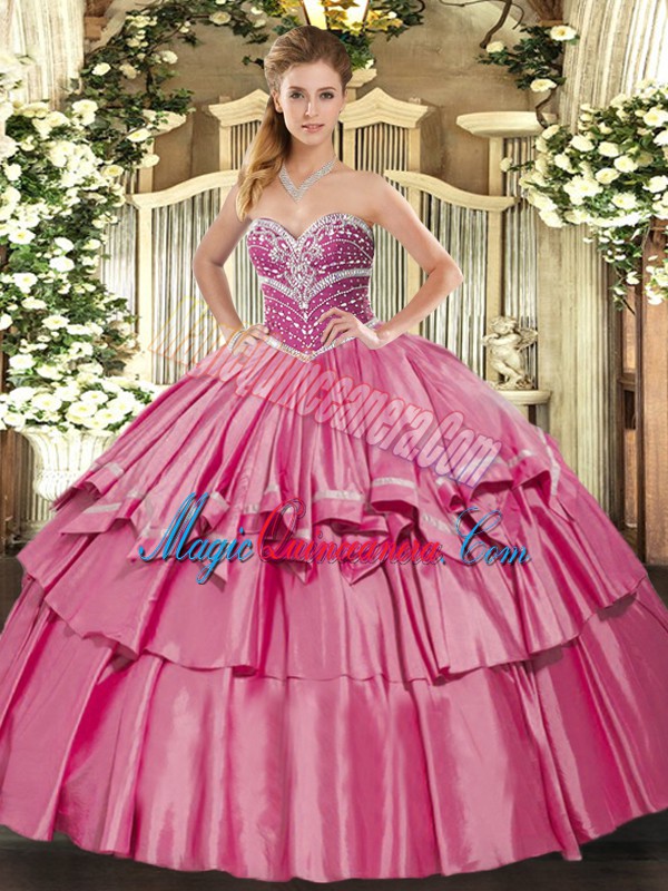 triumph Nice Beading and Ruffled Layers Sweet 16 Quinceanera Dress Hot Pink Lace Up Sleeveless Floor Length