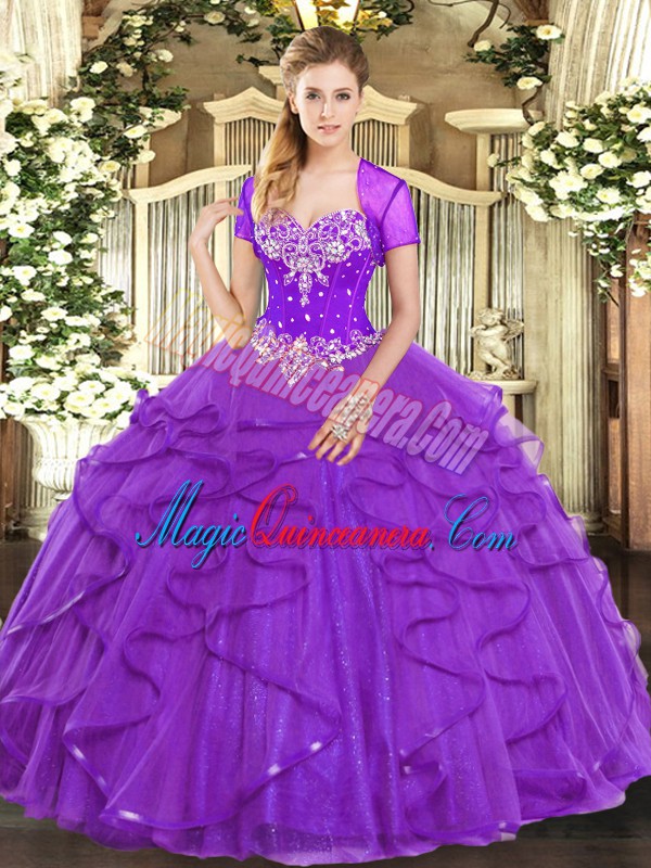 triumph High Quality Purple Lace Up Sweetheart Beading and Ruffles Quinceanera Gowns Tulle Sleeveless