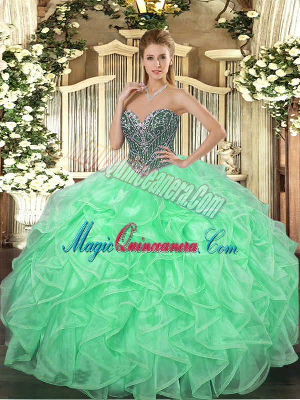 triumph Glorious Apple Green Lace Up Sweetheart Beading and Ruffles Sweet 16 Dress Organza Sleeveless