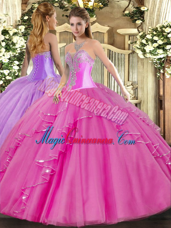 triumph Eye-catching Sleeveless Tulle Floor Length Lace Up Ball Gown Prom Dress in Fuchsia with Beading and Ruffles
