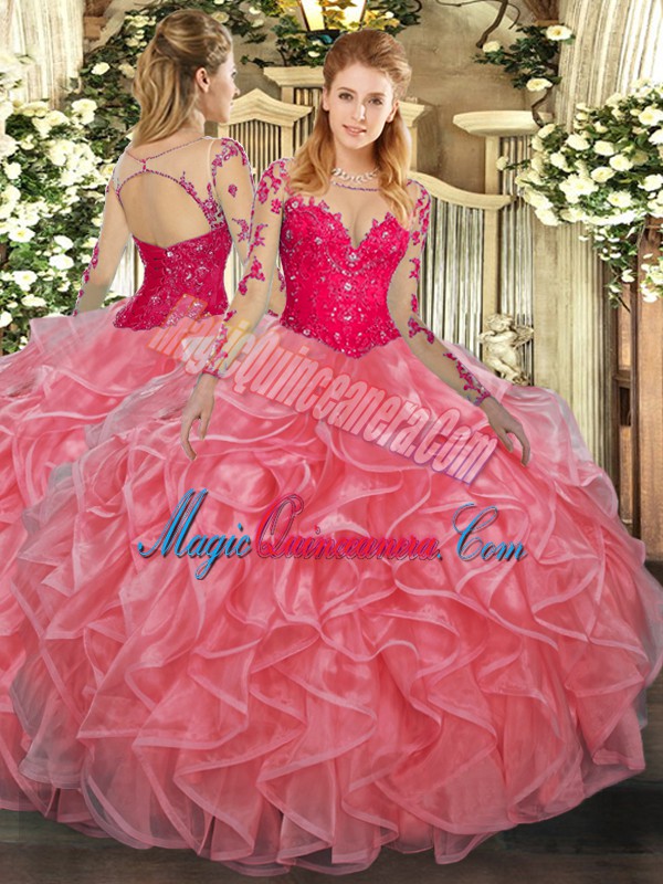 triumph Fantastic Long Sleeves Floor Length Lace and Ruffles Lace Up Sweet 16 Dresses with Watermelon Red