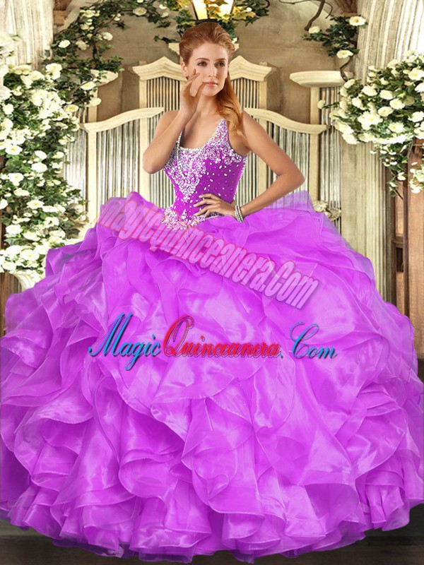 triumph Fantastic Beading and Ruffles Sweet 16 Quinceanera Dress Lilac Lace Up Sleeveless Floor Length