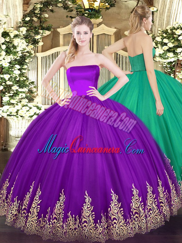 triumph Purple Ball Gowns Strapless Sleeveless Tulle Floor Length Zipper Appliques Quinceanera Dresses