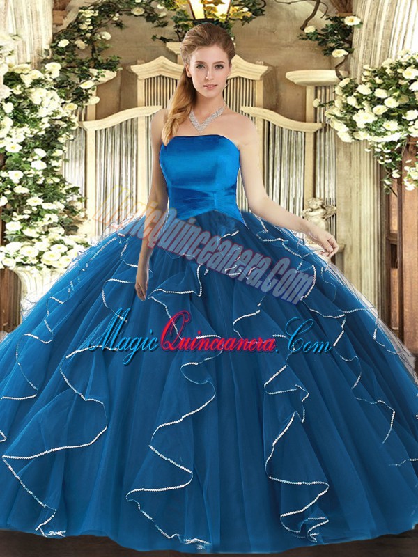 triumph Enchanting Ball Gowns 15th Birthday Dress Blue Strapless Tulle Sleeveless Floor Length Lace Up