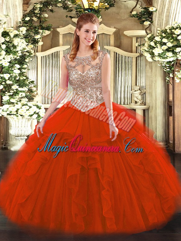 triumph Excellent Red Sweet 16 Dress Military Ball and Sweet 16 and Quinceanera with Beading and Ruffles Scoop Sleeveless Lace Up