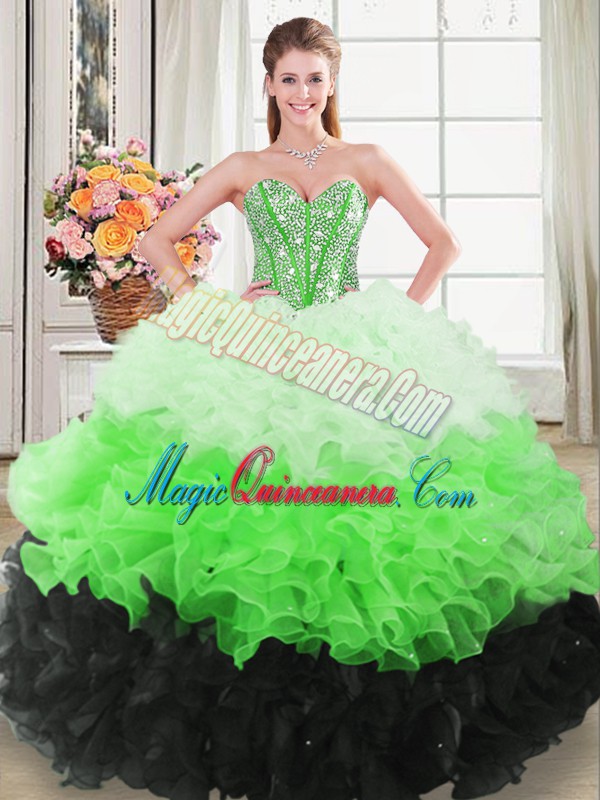 Cheap Multi-color Ball Gowns Sweetheart Sleeveless Organza Floor Length Lace Up Beading and Ruffles Quinceanera Gown