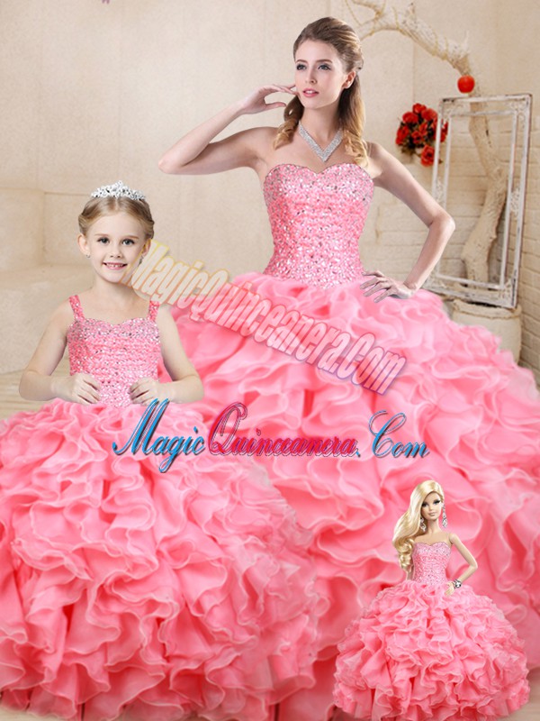 triumph Floor Length Lace Up Vestidos de Quinceanera Watermelon Red for Sweet 16 and Quinceanera with Beading and Ruffles