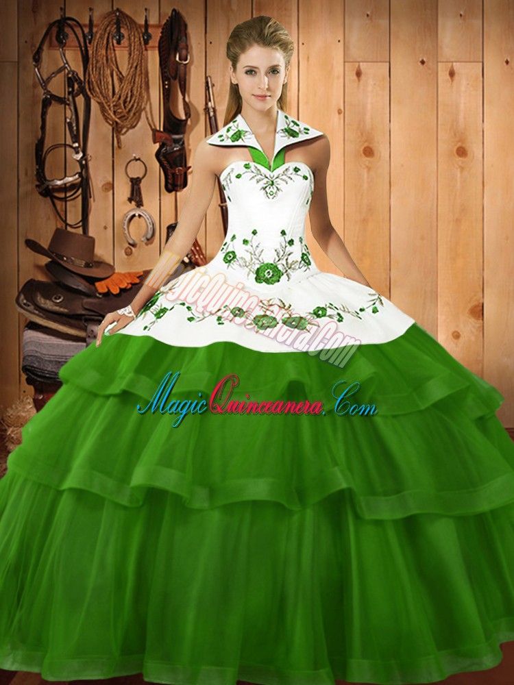 triumph Elegant Halter Top Sleeveless Organza Vestidos de Quinceanera Embroidery and Ruffled Layers Sweep Train Lace Up