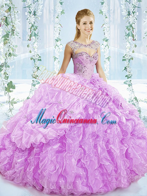 triumph Dynamic Lilac Ball Gowns Beading and Ruffles Quinceanera Dresses Lace Up Organza Sleeveless