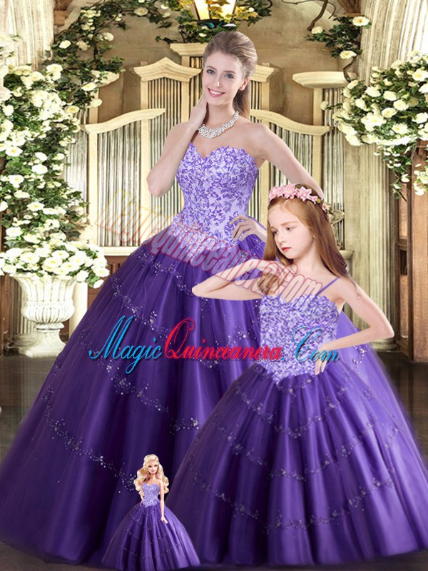 triumph Purple Ball Gowns Sweetheart Sleeveless Tulle Floor Length Lace Up Beading 15th Birthday Dress