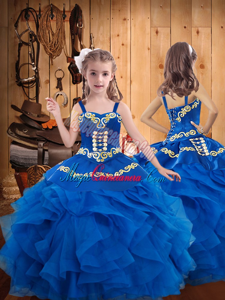 triumph Organza Straps Sleeveless Lace Up Embroidery and Ruffles Little Girl Pageant Gowns in Blue