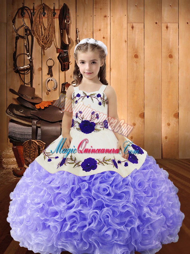triumph Lavender Lace Up Straps Embroidery and Ruffles Pageant Gowns For Girls Fabric With Rolling Flowers Sleeveless