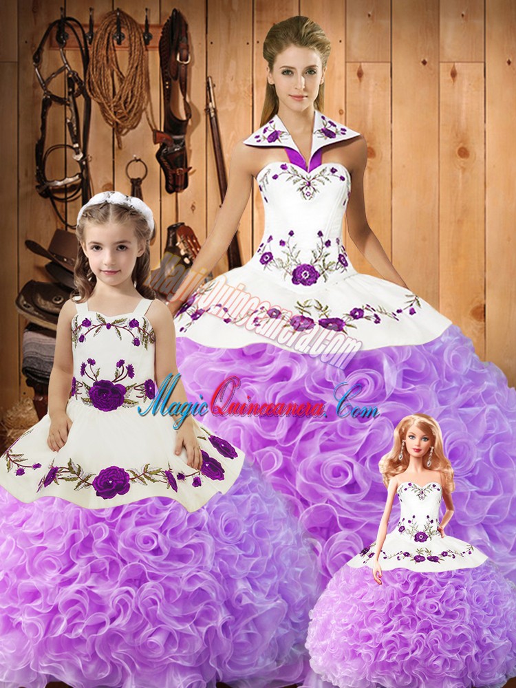 triumph Nice Satin and Fabric With Rolling Flowers Halter Top Sleeveless Lace Up Embroidery Quince Ball Gowns in Lilac