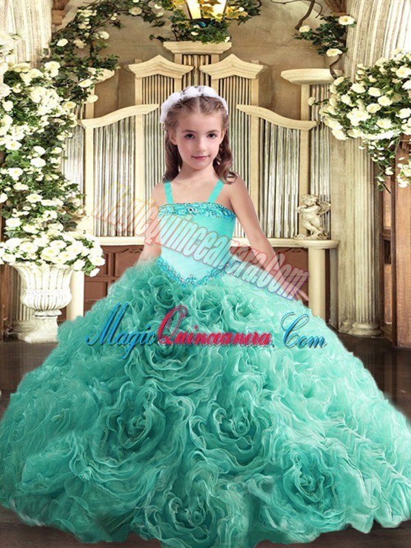 triumph Cheap Turquoise Sleeveless Fabric With Rolling Flowers Lace Up Evening Gowns for Party and Quinceanera