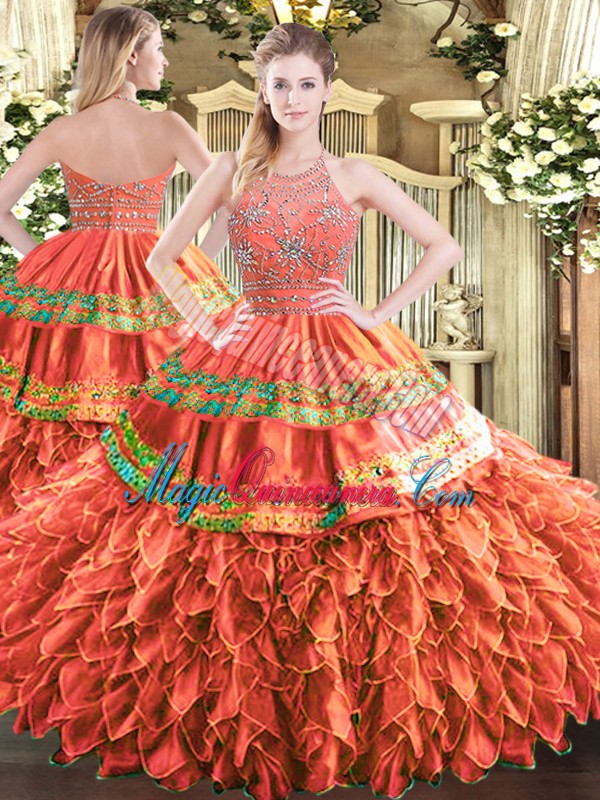 triumph Noble Rust Red Tulle Zipper Halter Top Sleeveless Floor Length Ball Gown Prom Dress Beading and Ruffles and Sequins