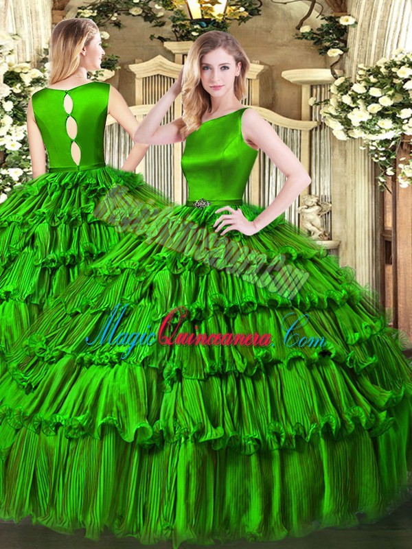 triumph Amazing Sleeveless Floor Length Ruffled Layers Clasp Handle Quinceanera Gowns with Green