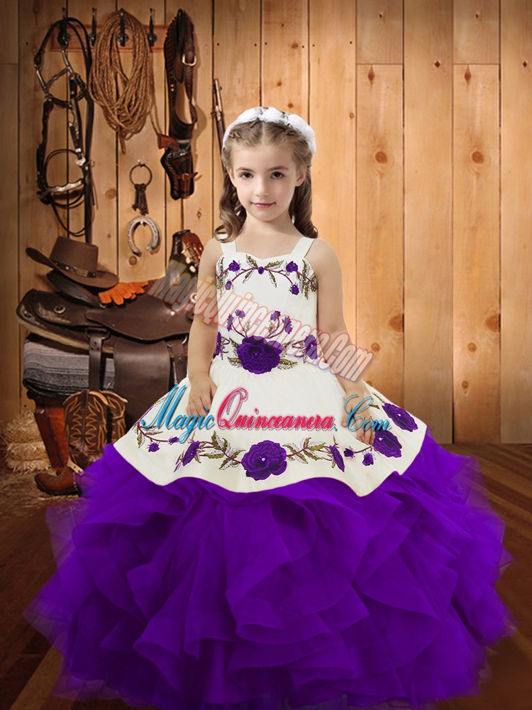 triumph Pretty Ball Gowns Child Pageant Dress Purple Straps Tulle Sleeveless Floor Length Lace Up