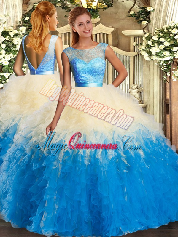 triumph Multi-color Backless Sweet 16 Quinceanera Dress Lace and Ruffles Sleeveless Floor Length