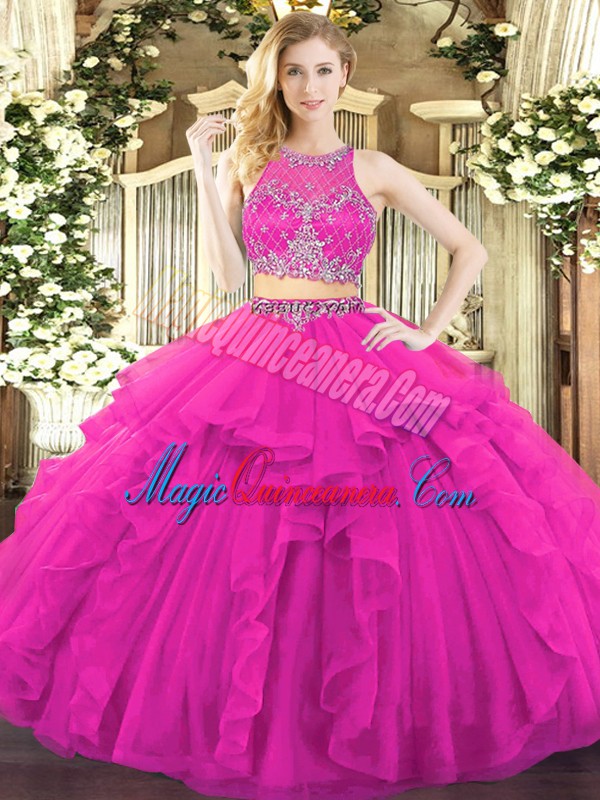 triumph Sweet Fuchsia Two Pieces Scoop Sleeveless Tulle Floor Length Zipper Beading and Ruffles Quinceanera Gown