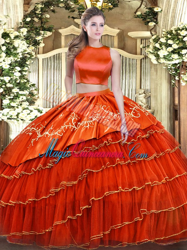 triumph Orange Red High-neck Criss Cross Embroidery and Ruffled Layers Quinceanera Gown Sleeveless