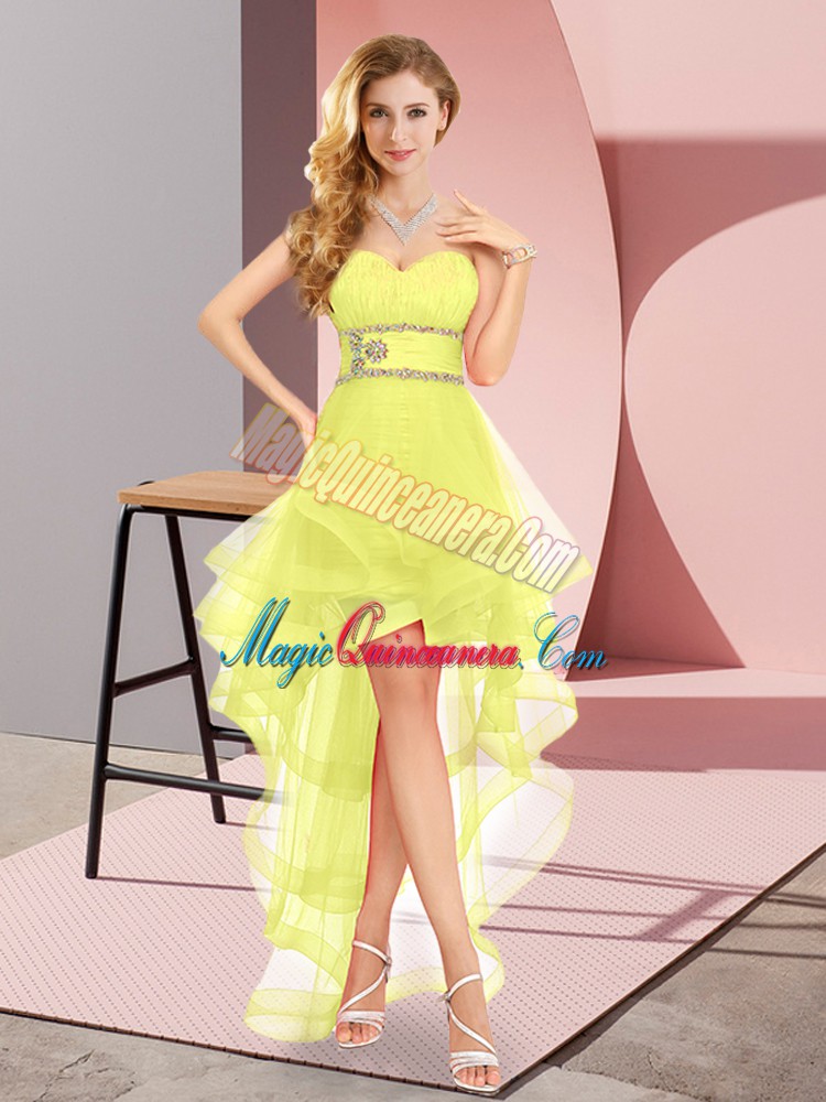 triumph Custom Designed Yellow Tulle Lace Up Quinceanera Dama Dress Sleeveless High Low Beading