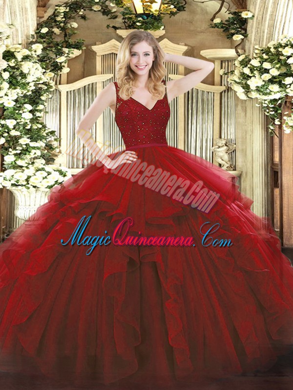 triumph Excellent Wine Red Zipper Straps Beading and Ruffles Vestidos de Quinceanera Organza Sleeveless
