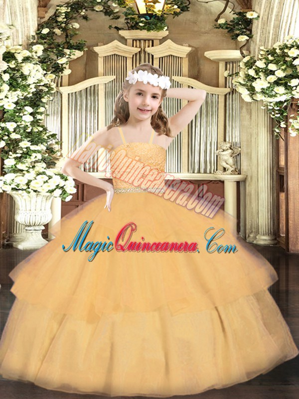 triumph Orange Straps Zipper Beading and Lace and Ruffled Layers Pageant Dress for Teens Sleeveless