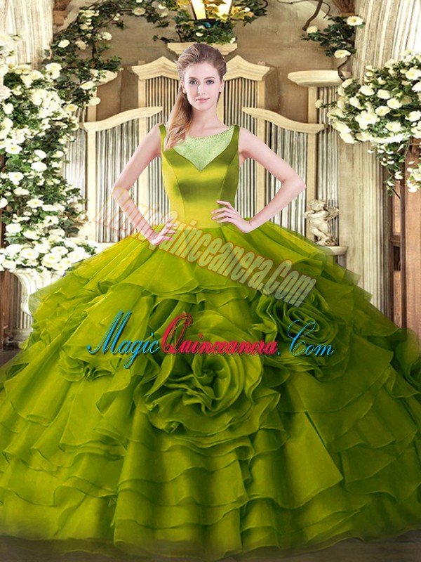 triumph Organza Scoop Sleeveless Side Zipper Beading and Ruffled Layers Quinceanera Dress in Olive Green