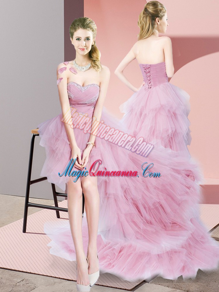 triumph Attractive Sleeveless Lace Up High Low Beading and Ruffled Layers Quinceanera Court of Honor Dress