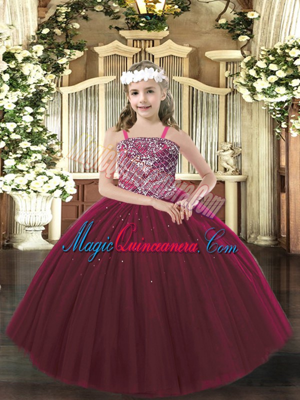 Fantastic Burgundy Straps Lace Up Beading Pageant Gowns For Girls Sleeveless